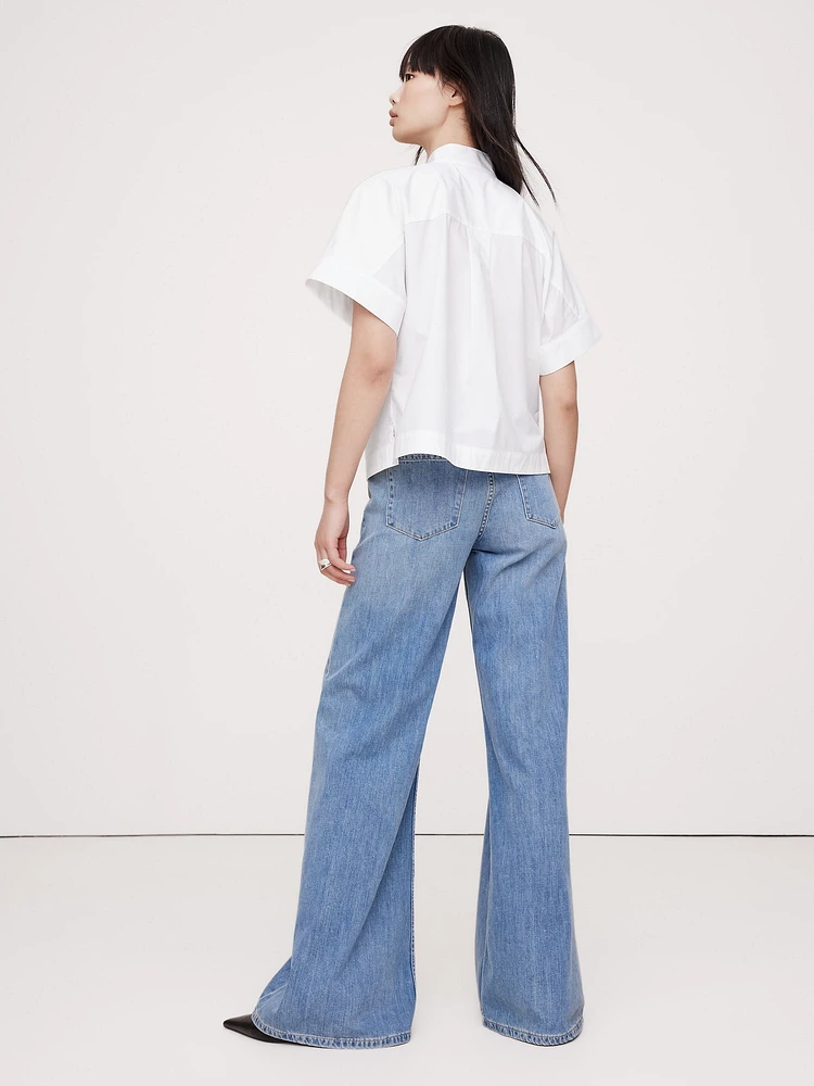 Cotton Poplin Popover Tie-Neck Top