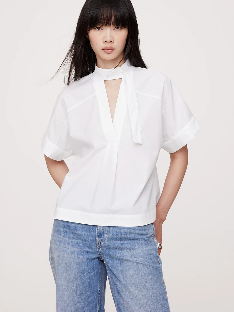 Cotton Poplin Popover Tie-Neck Top