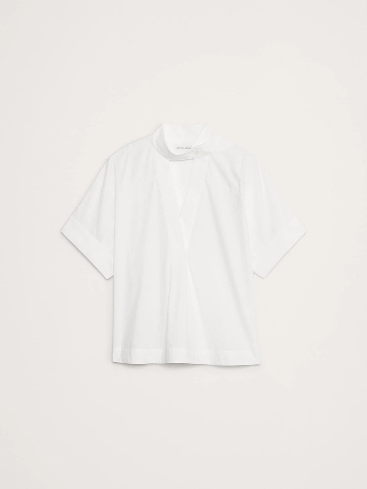 Cotton Poplin Popover Tie-Neck Top
