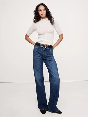 Ribbed Merino Mock-Neck Elbow-Sleeve Sweater