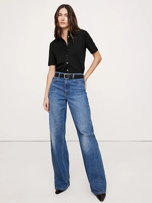 Silky Cotton Short-Sleeve Button-Down Top