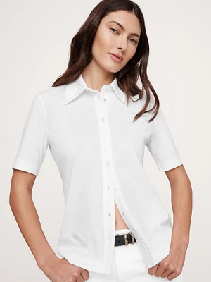 Silky Cotton Short-Sleeve Button-Down Top