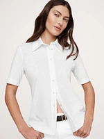 Silky Cotton Short-Sleeve Button-Down Top