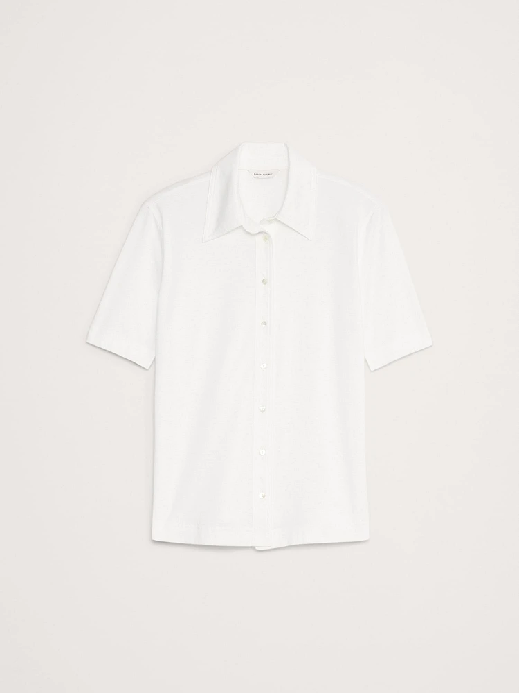 Silky Cotton Short-Sleeve Button-Down Top