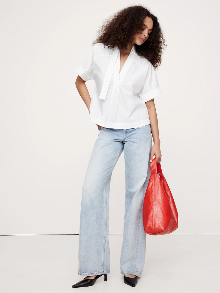 Cotton Poplin Popover Tie-Neck Top