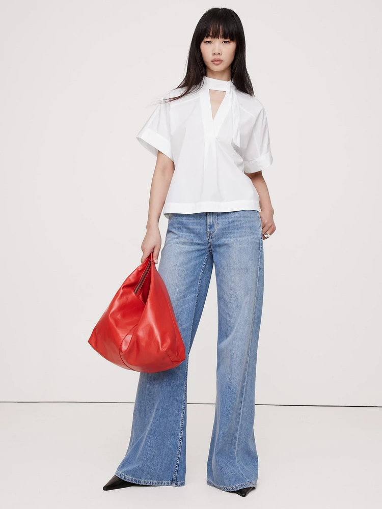 Cotton Poplin Popover Tie-Neck Top