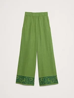 High-Rise Wide-Leg Embroidered Tencel™-Linen Pull-On Pant