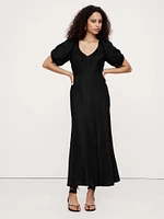 Viscose-Linen Ruched Long Midi Dress