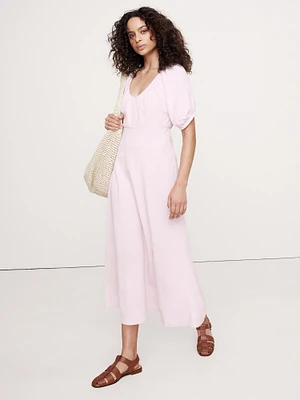 Viscose-Linen Dupioni Ruched Long Midi Dress