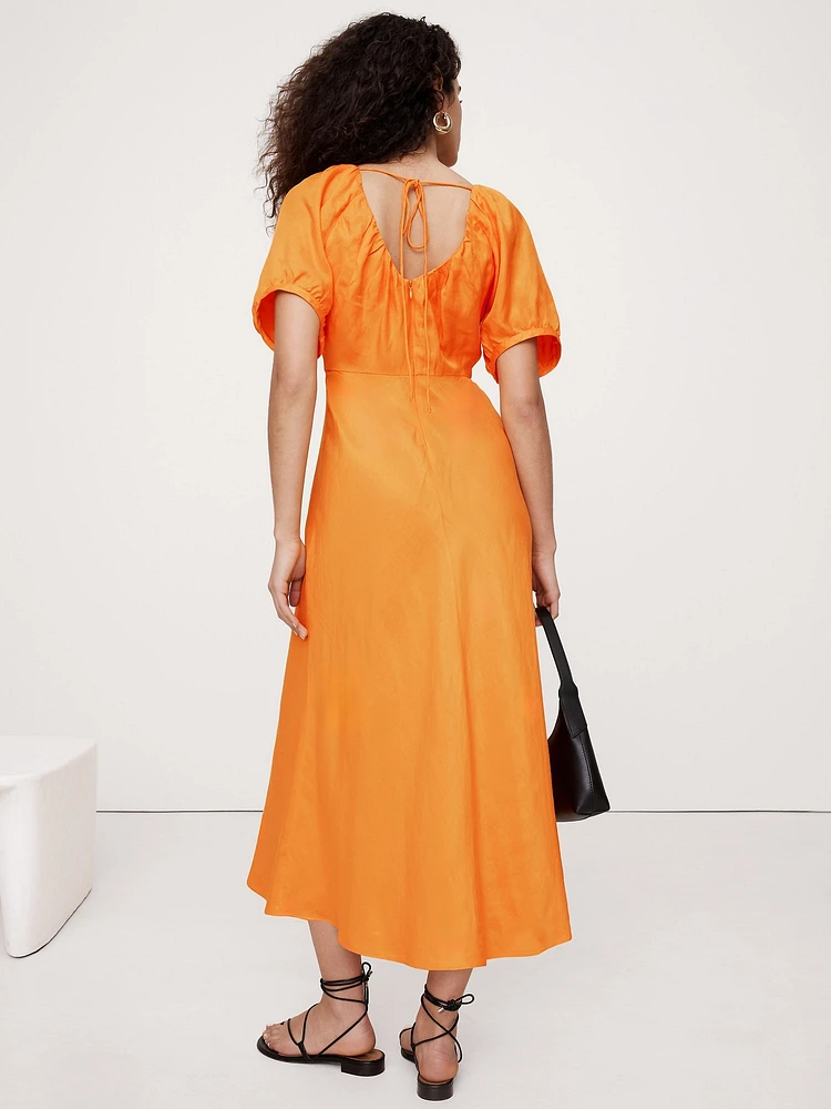 Viscose-Linen Ruched Long Midi Dress