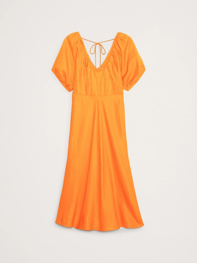 Viscose-Linen Ruched Long Midi Dress