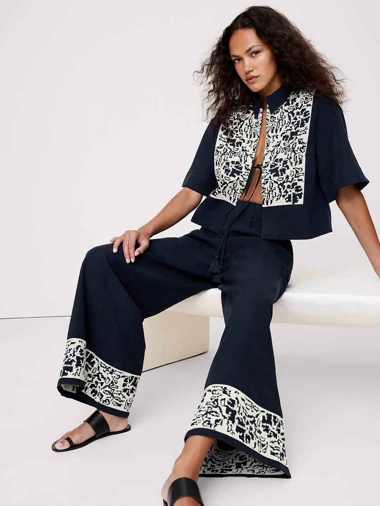 High-Rise Wide-Leg Embroidered Tencel™-Linen Pull-On Pant