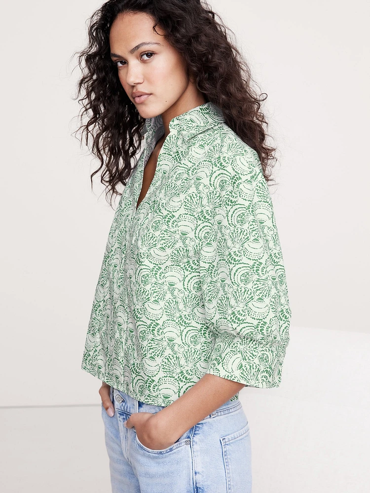 Balloon-Sleeve Cotton Poplin Popover Top