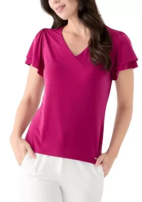 Women's V-neck Short Double Tier Sleeve Top