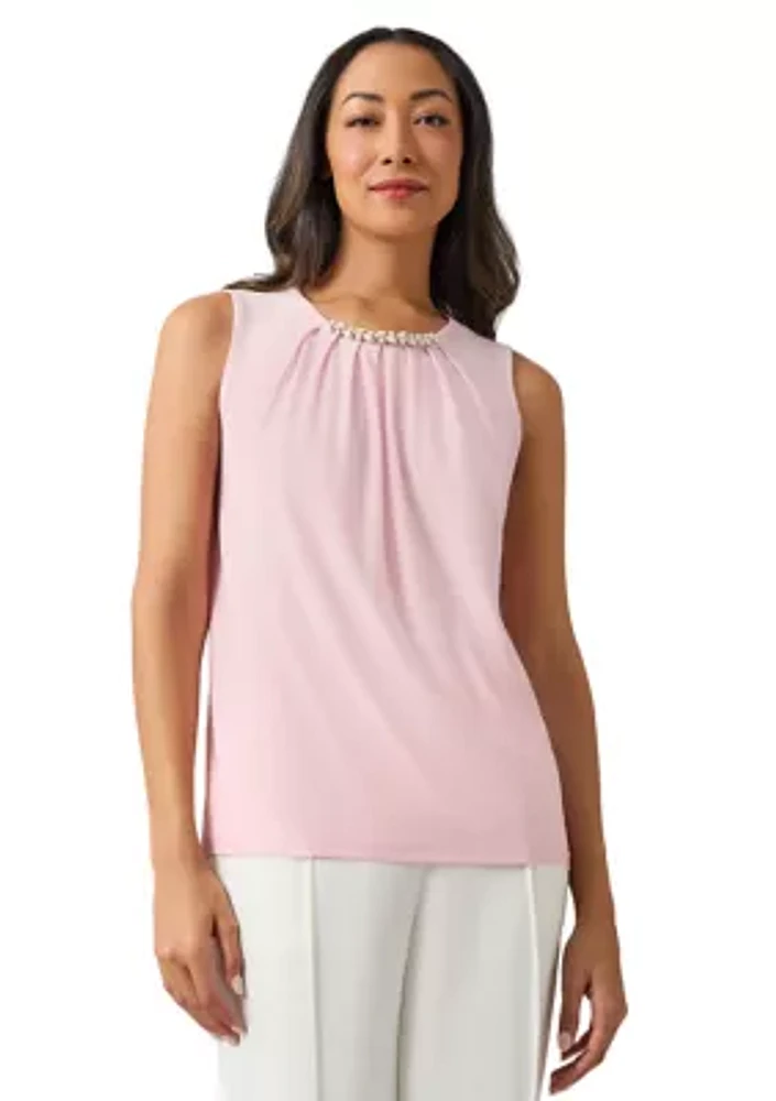Women's Sleeveless Jeweled Pleat Neck Top