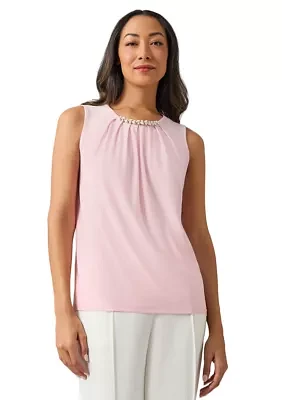 Women's Sleeveless Jeweled Pleat Neck Top