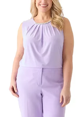 Plus Sleeveless Jeweled Pleat Neck  Top