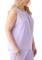 Plus Sleeveless Jeweled Pleat Neck  Top