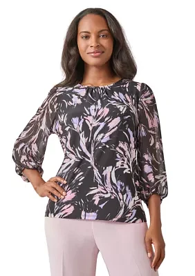 Petite Shirred Neck Blouson Sleeve Printed Top
