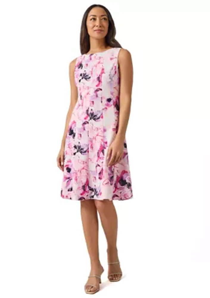 Petite Sleeveless Multi Seam Printed Fit and Flare Dress
