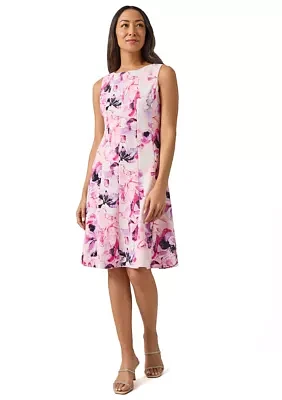Petite Sleeveless Multi Seam Printed Fit and Flare Dress