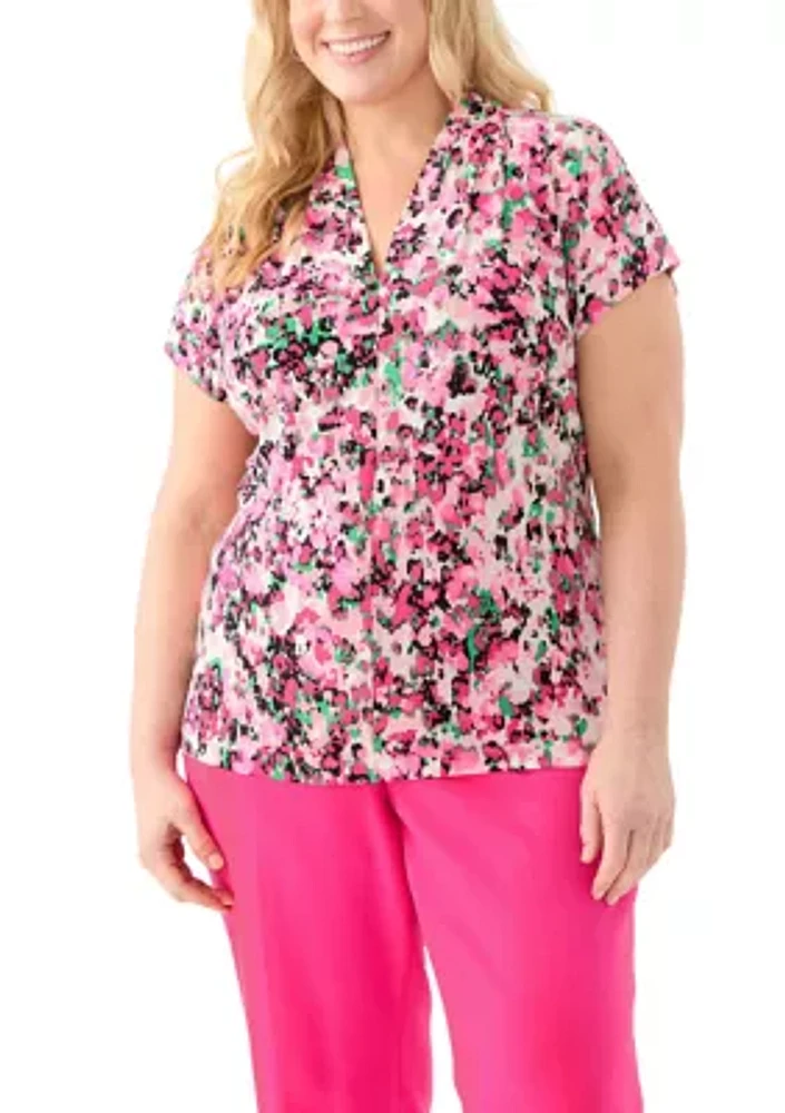Plus Multi Print V-Neck Knit Top