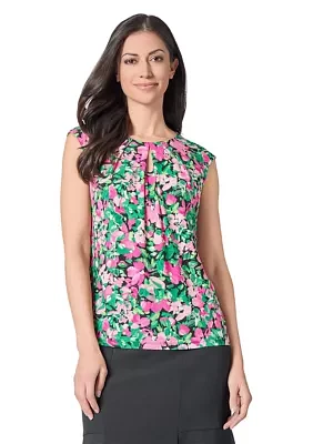Women's Floral Printed Cap Sleeve Keyhole Neck Knit Top