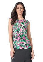 Women's Floral Printed Cap Sleeve Keyhole Neck Knit Top