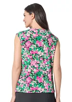 Women's Floral Printed Cap Sleeve Keyhole Neck Knit Top