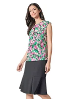 Women's Floral Printed Cap Sleeve Keyhole Neck Knit Top