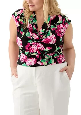 Plus Hydrangea Print Cowl Neck Knit Top