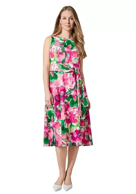 Women's Watercolor Floral Printed Scuba Crepe Fit and Flare Dress