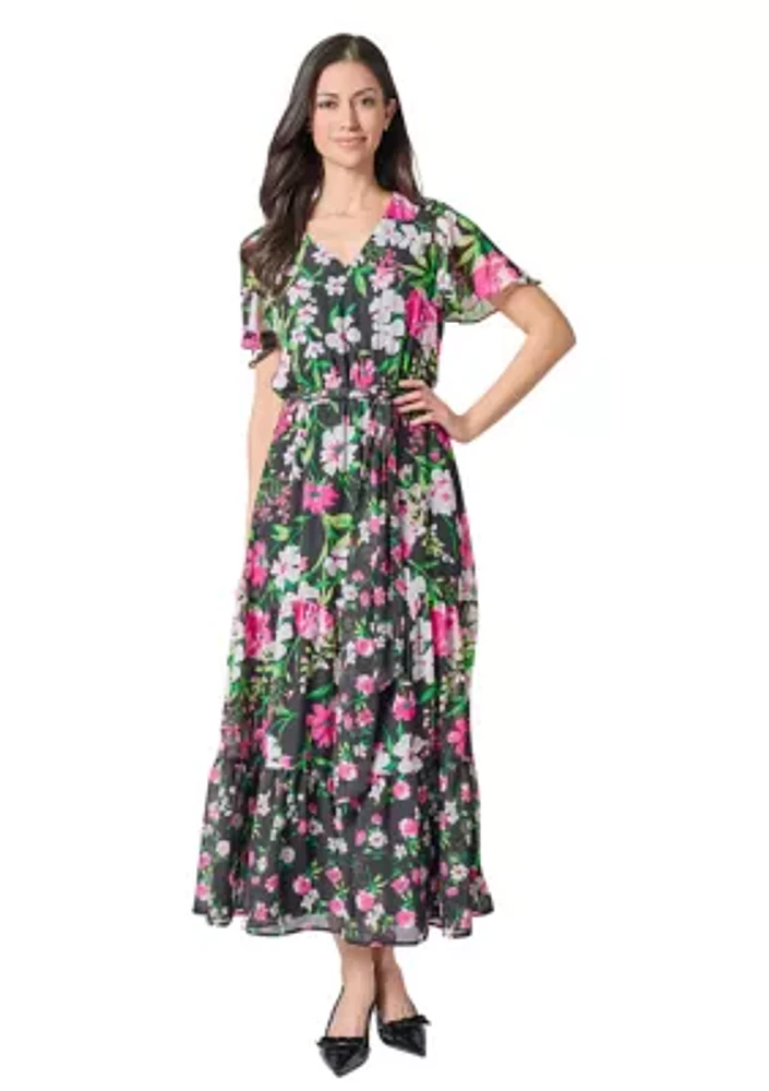 Women's Multi Floral Printed Tiered Flutter Sleeve Dress