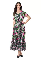 Women's Multi Floral Printed Tiered Flutter Sleeve Dress