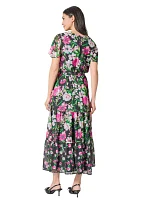 Women's Multi Floral Printed Tiered Flutter Sleeve Dress