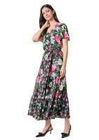 Women's Multi Floral Printed Tiered Flutter Sleeve Dress