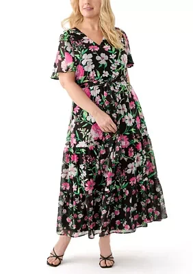 Plus Multi Floral Print Tiered Flutter Sleeve Dress