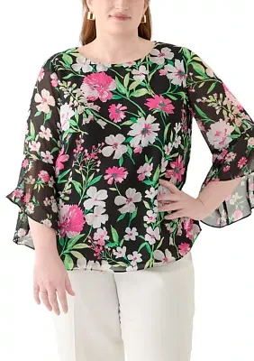 Plus Multi Floral Print Ruffle Sleeve Blouse