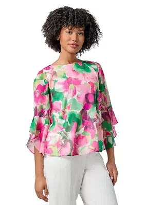 Women's Watercolor Floral Printed Ruffle Sleeve Blouse