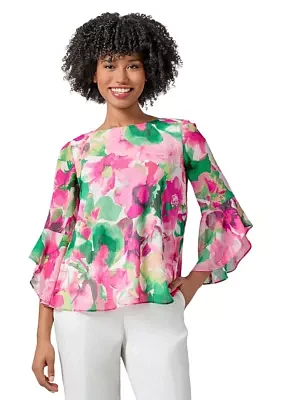 Petite Watercolor Floral Printed Ruffle Sleeve Blouse