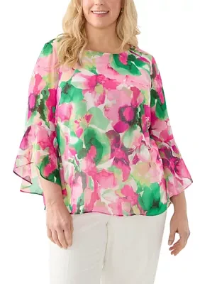 Plus Watercolor Floral Print Ruffle Sleeve Blouse