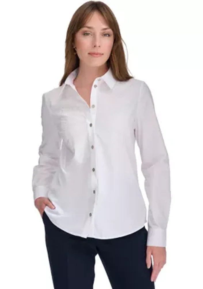 Women's Long Sleeve Puff Print Button Front Blouse