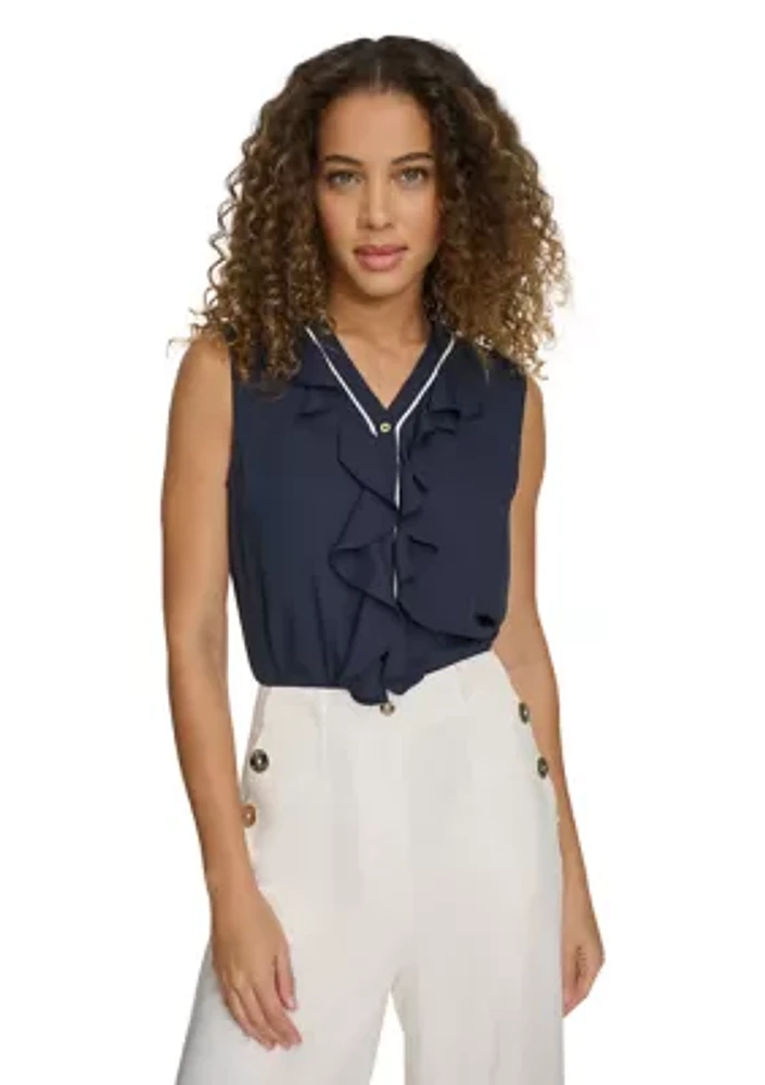 Women's Sleeveless Button Front Ruffle Blouse