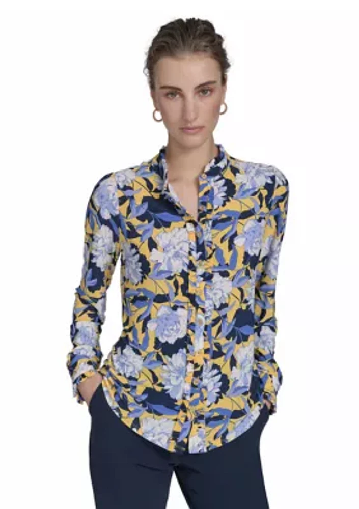 Women's Long Sleeve Floral Button Front Top
