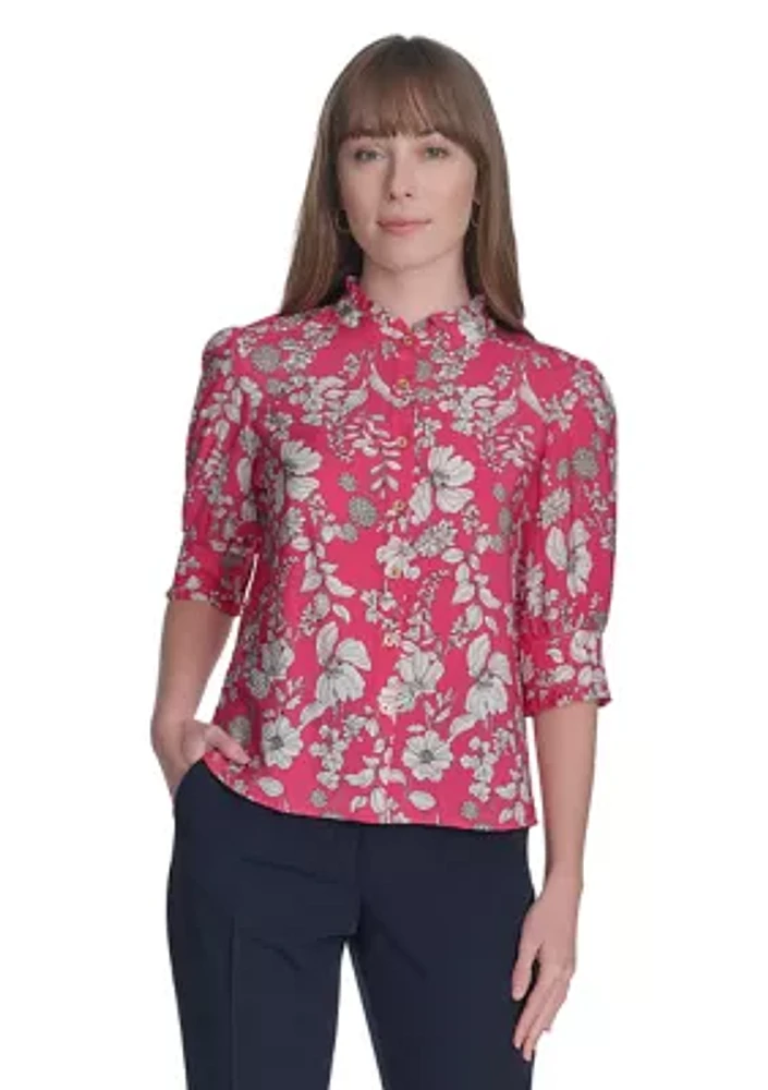 Women's Floral Button Front Puff Sleeve Blouse