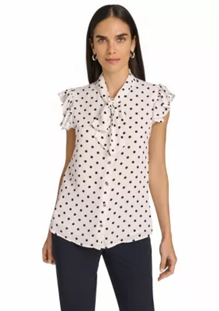 Women's Dot Ruffle Sleeve Bow Blouse