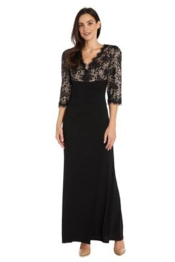 Long Cocktail Dress 3 4 Sleeve With Lace Bodice Contrast Lining And Jersey Knit Side Rouched Skirt
