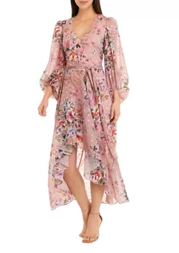 Women's Long Sleeve Surplice Floral Foil Print Chiffon Dress