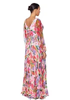 Women's V-Neck Long Sleeve Chiffon Pleated Fit and Flare Gown