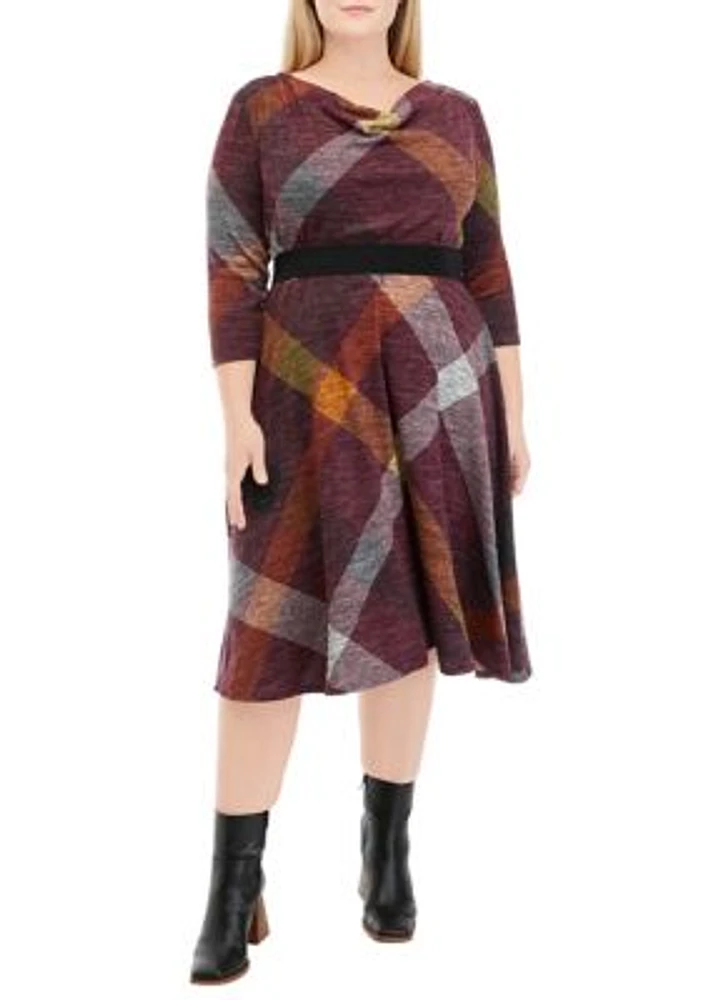 Plus 3/4 Sleeve Cowl Neck Belted Plaid Hacci Fit and Flare Dress